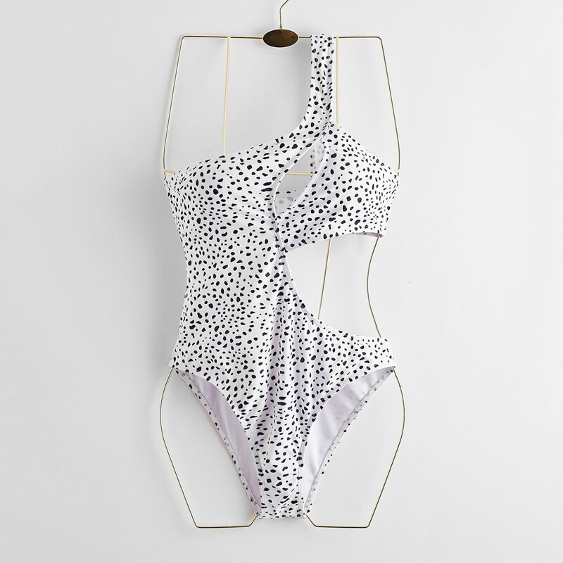 

Dalmatian One Shoulder Cut Out One Piece Swimsuit, Black and white