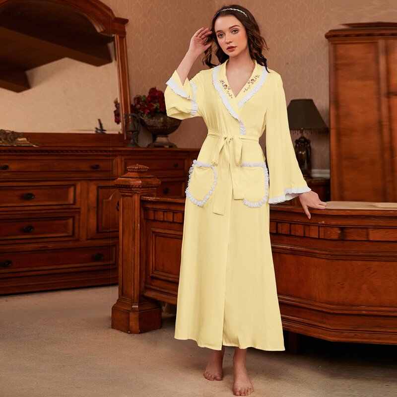 

Floral Embroidery Frill Trim Belted Robe, Yellow