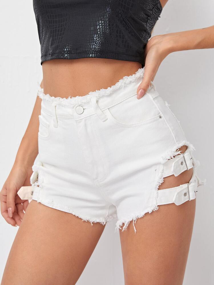 Raw Hem Strap Detail Denim Shorts - White - View 1