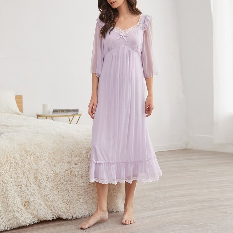 

Sweetheart Neck Contrast Lace Ruffle Hem Night Dress, Lilac purple