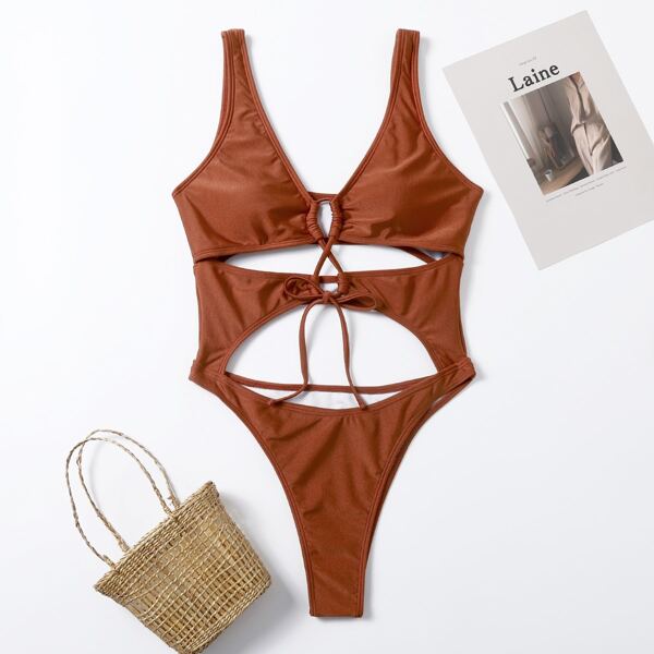 

Cut Out Tie Front One Piece Swimsuit, Rust brown