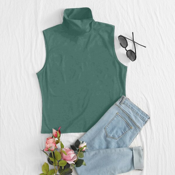 

Plus High Neck Solid Tank Top, Dark green