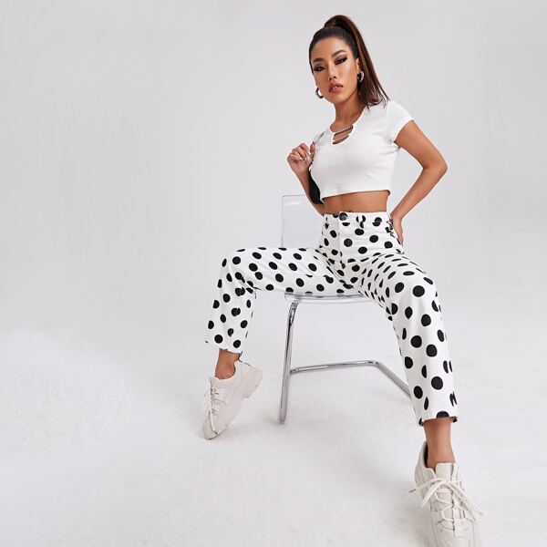 

High Waist Polka-dot Straight Jeans, Black and white