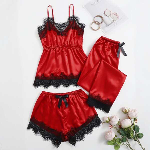 

Eyelash Lace Trim Satin Cami Top & Shorts With Pants PJ Set, Red