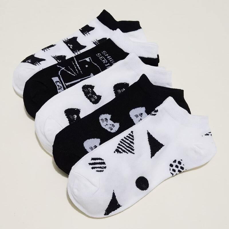 

5pairs Cartoon Cat & Geo Ankle Socks, Black and white