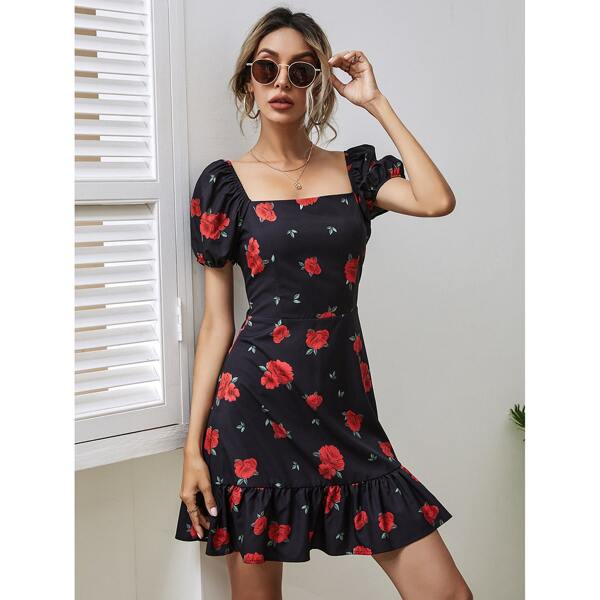 

Puff Sleeve Floral Print Ruffle Hem Dress, Black