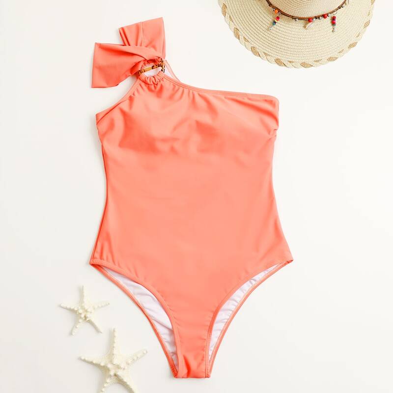 

Ring Decor One Shoulder One Piece Swimsuit, Coral orange