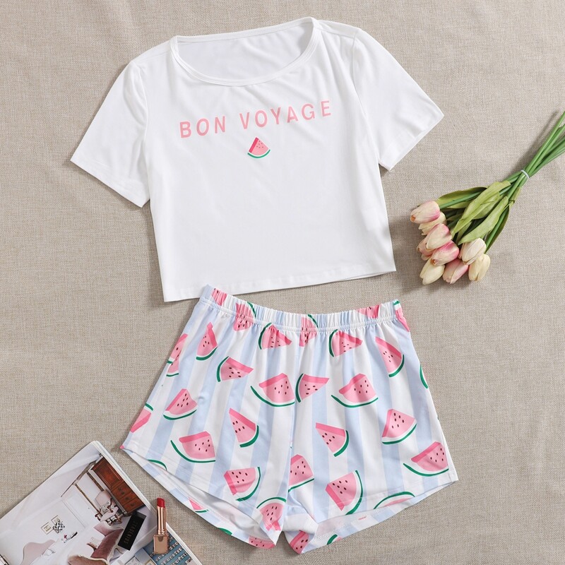 

Letter & Watermelon Print Pajama Set, Multicolor