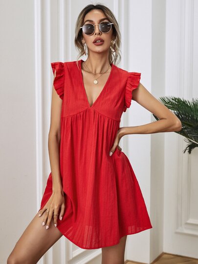 فستان سموك بلون موحد مقلم بكشكش