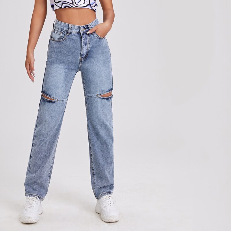 

High Waist Ripped Straight Leg Jeans, Light wash