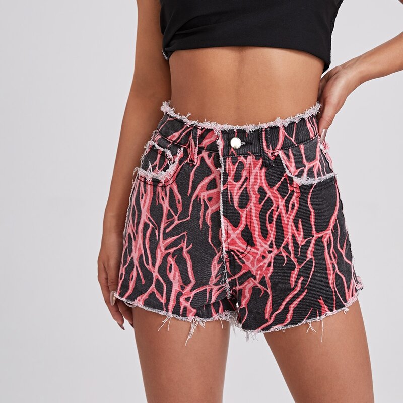 

Marble Print Frayed Trim Denim Shorts, Multicolor