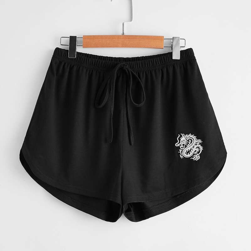 

Chinese Dragon Embroidery Tie Front Shorts, Black