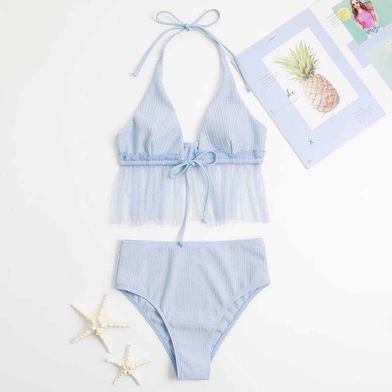 

Polka Dot Mesh Hem Bikini Swimsuit, Baby blue