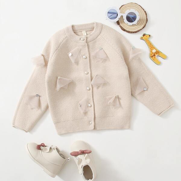 

Toddler Girls Contrast Mesh Pearls Button Cardigan, Beige