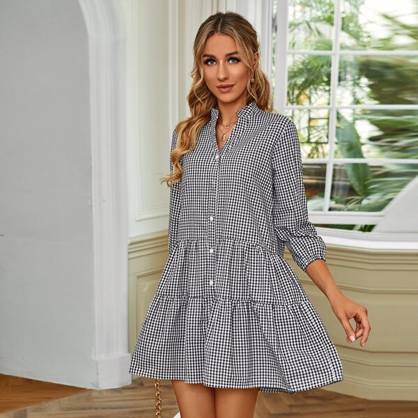 

Gingham Notch Neck Smock Dress, Black and white