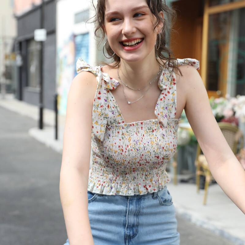 

Tie Shoulder Ditsy Floral Shirred Top, Multicolor