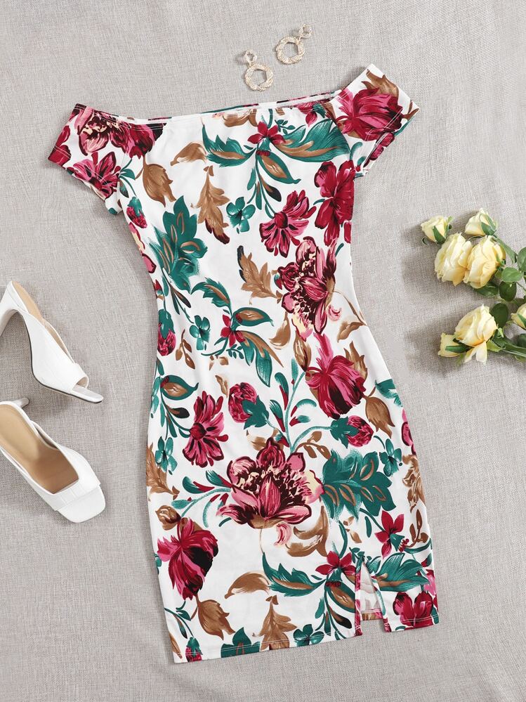 SHEIN Clasi Plus Off Shoulder Floral Dress - Multicolor - View 1