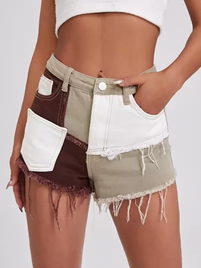 Frayed Trim Colorblock Denim Shorts - SHEIN spring sale