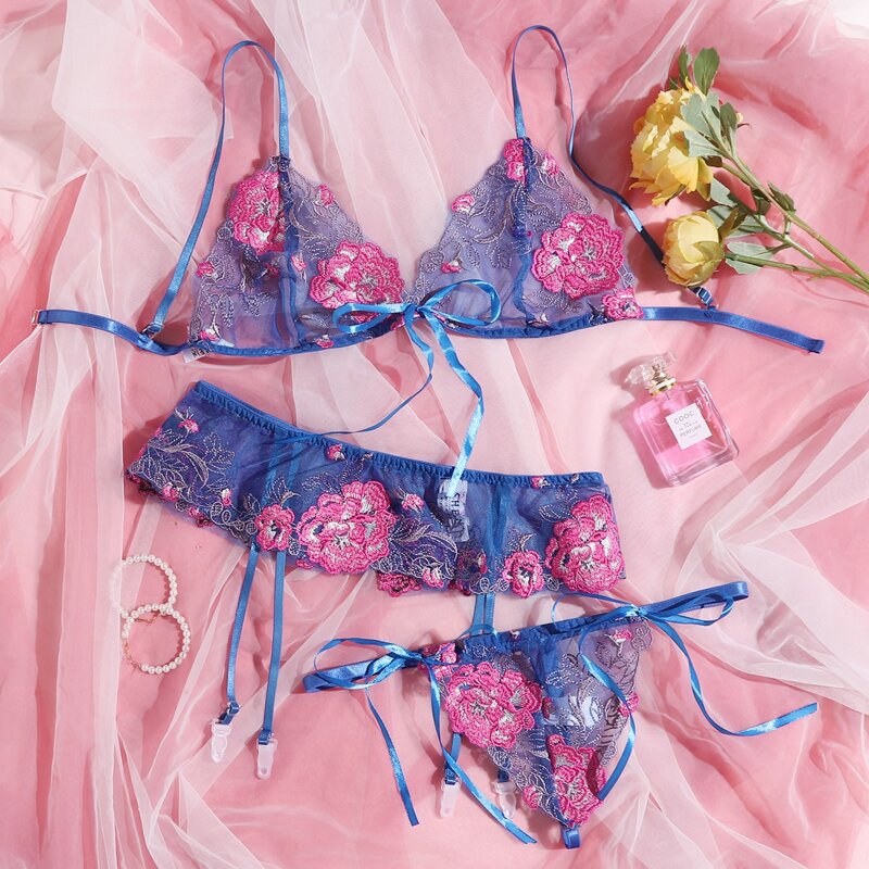 

Floral Embroidered Mesh Garter Lingerie Set, Multicolor