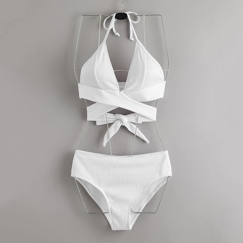 

Wrap Front High Waist Bikini Swimsuit, White