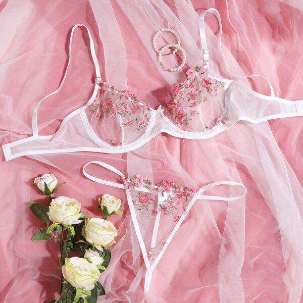 

Floral Embroidery Sheer Mesh Underwire Lingerie Set, Coral orange