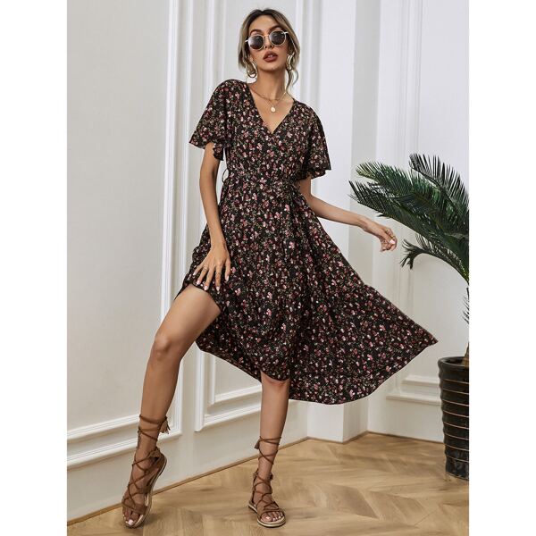

Ditsy Floral Print Ruffle Hem Belted Dress, Multicolor