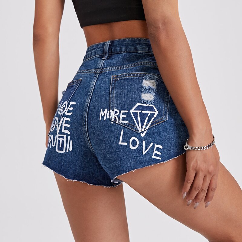 

Letter Graphic Ripped Detail Raw Hem Denim Shorts, Dark wash