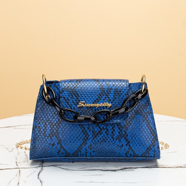 

Snakeskin Chain Satchel Bag, Blue