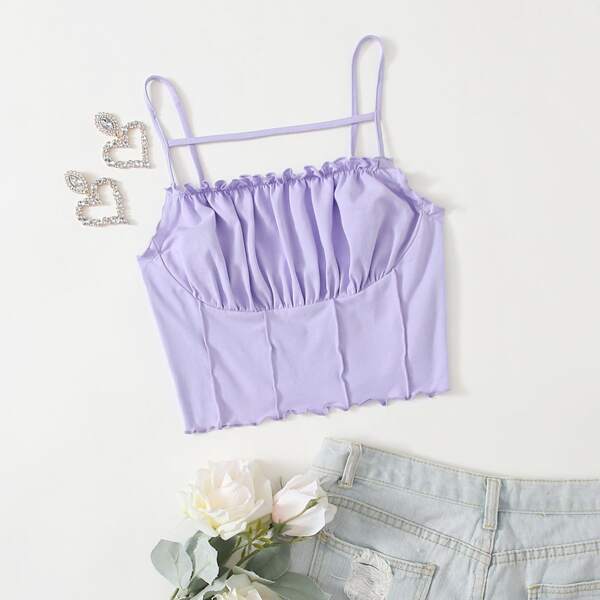 

Seam Front Ruched Bust Frill Trim Cami Top, Lilac purple