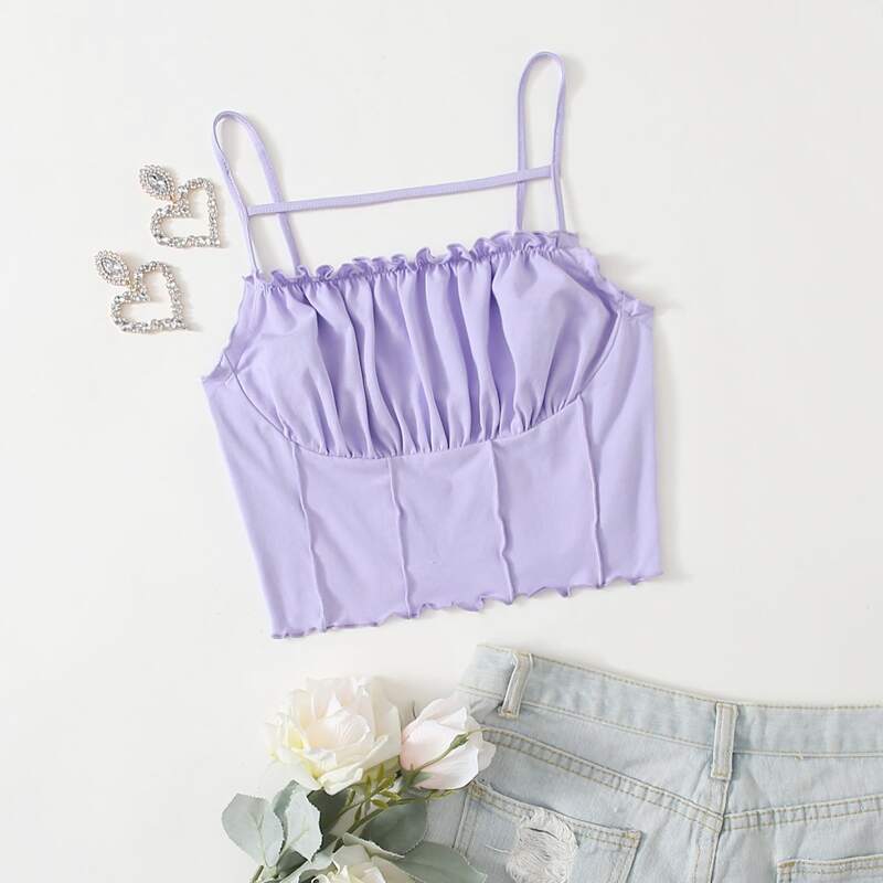 

Seam Front Ruched Bust Frill Trim Cami Top, Lilac purple