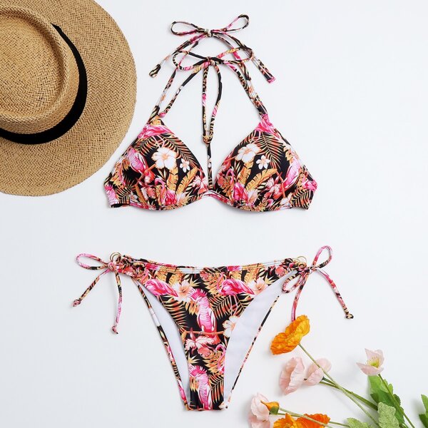 

Random Tropical Halter Tie Side Bikini Swimsuit, Multicolor