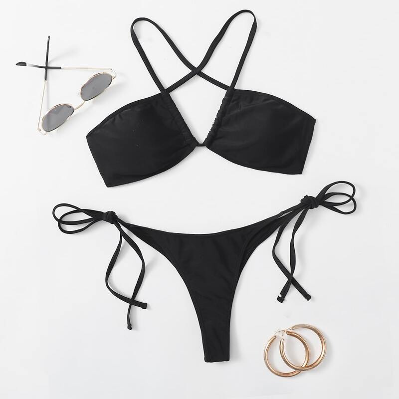 

Tie Side Thong Bikini Swimsuit, Black