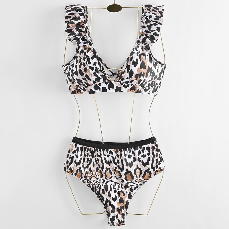 

Leopard Ruffle Trim Bikini Swimsuit, Multicolor