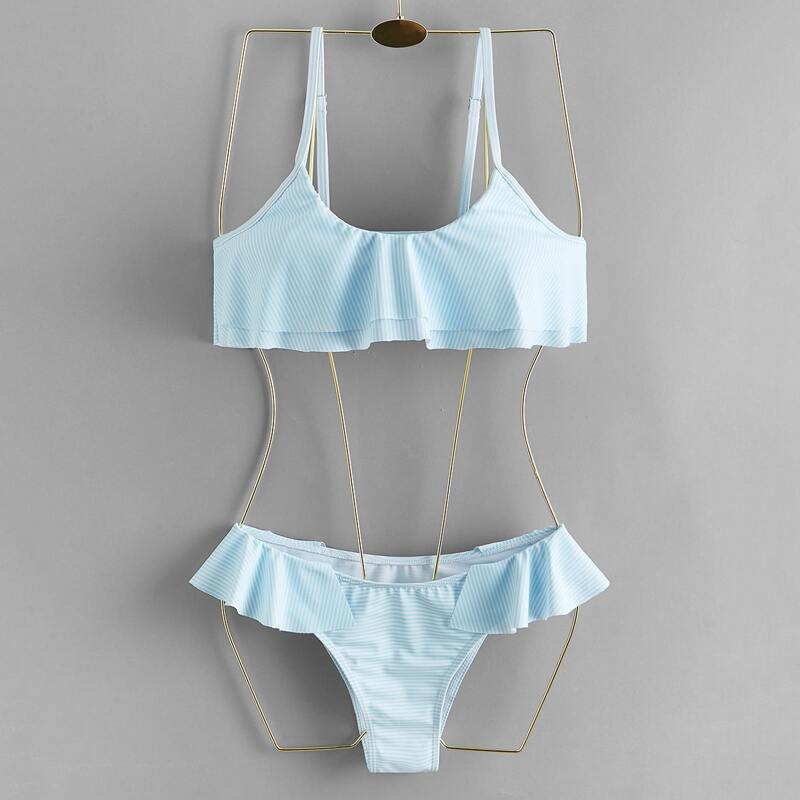 

Stripe Ruffle Hem Bikini Swimsuit, Baby blue
