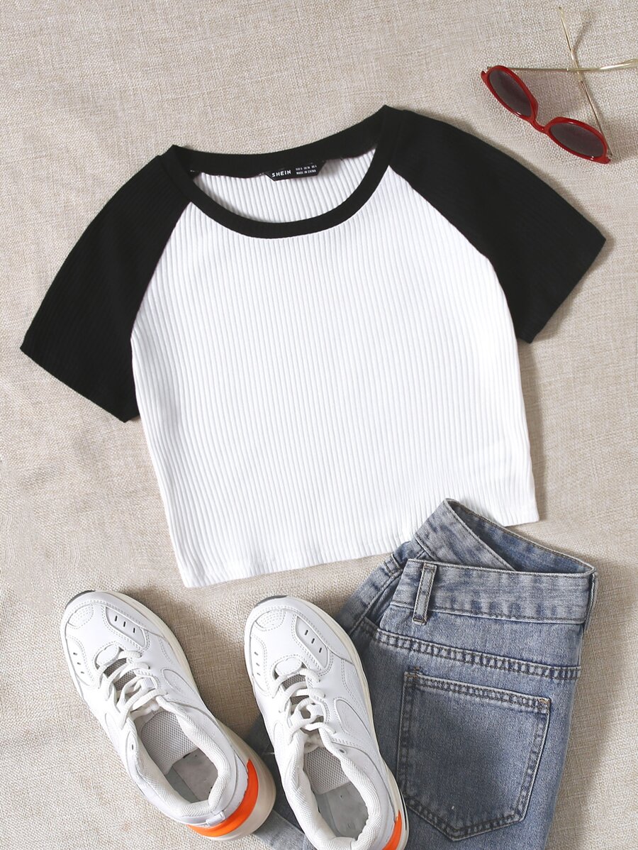 Muchica 拼色插肩袖短版T恤