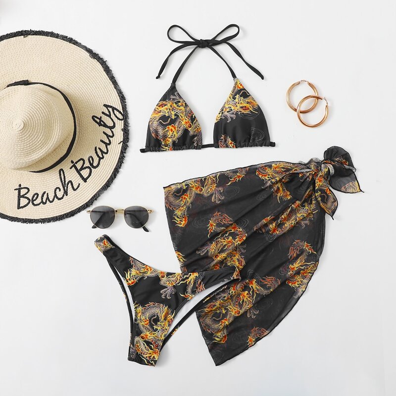 

3pack Dragon Print Bikini Swimsuit & Beach Skirt, Black