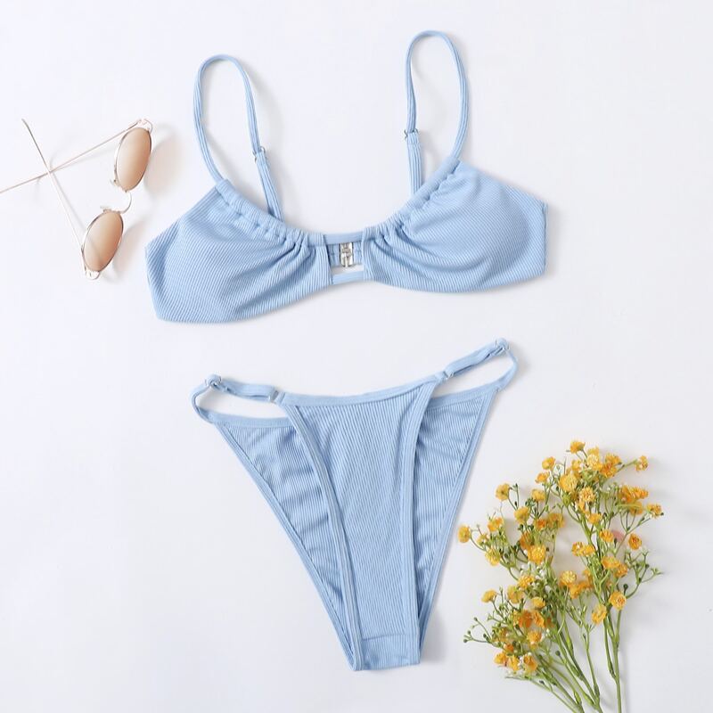 

Ruched High Leg Bikini Swimsuit, Baby blue