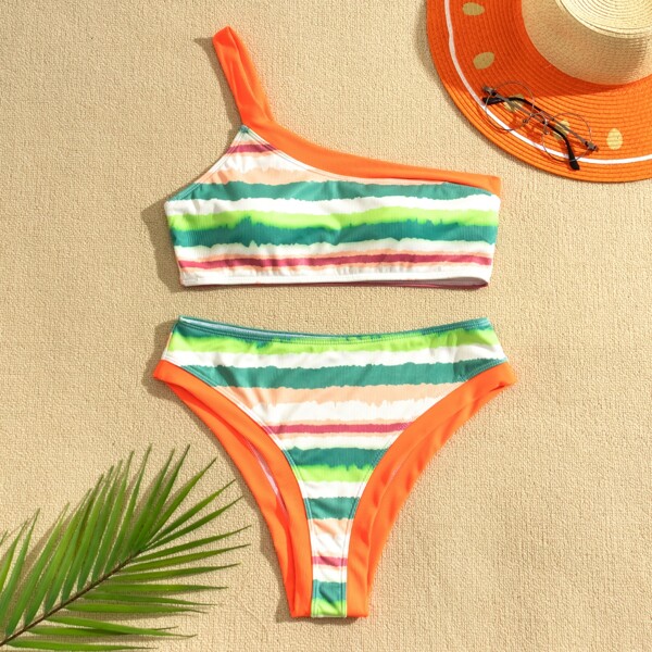 

Tie Dye Rib One Shoulder Bikini Swimsuit, Multicolor