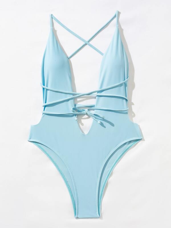 Tie Front Plunging One Piece Swimsuit SHEIN USA