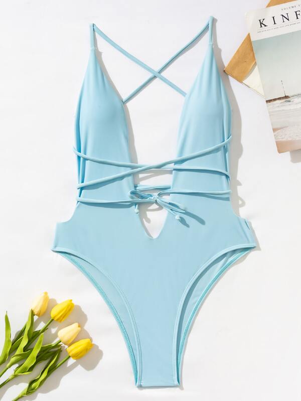 Tie Front Plunging One Piece Swimsuit SHEIN USA