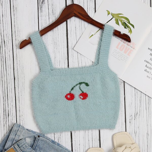 

Cherry Pattern Fuzzy Knit Cami Top, Mint green