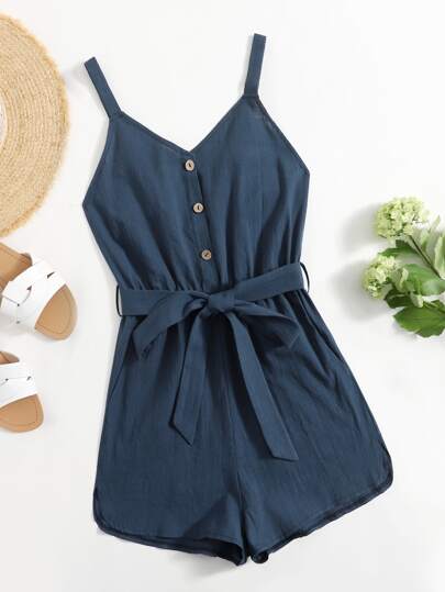 SHEIN Button Front Self Belted Romper