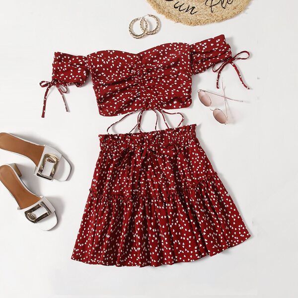 

Off Shoulder Allover Heart Print Top & Knot Waist Skirt Set, Burgundy