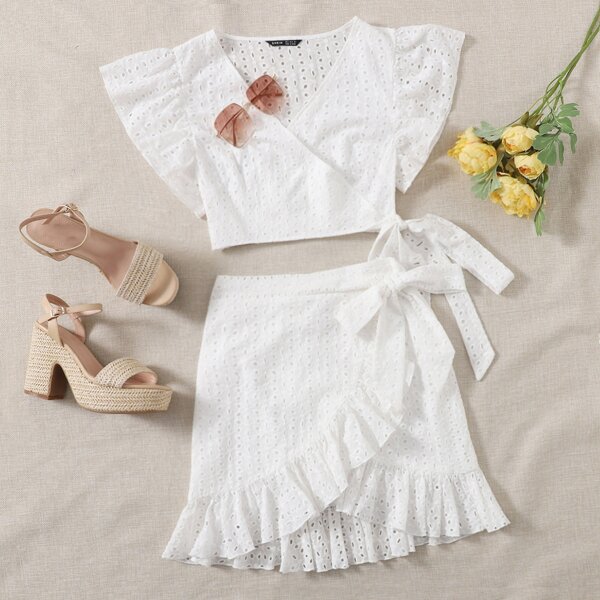 

Wrap Tie Side Schiffy Top & Skirt Set, White