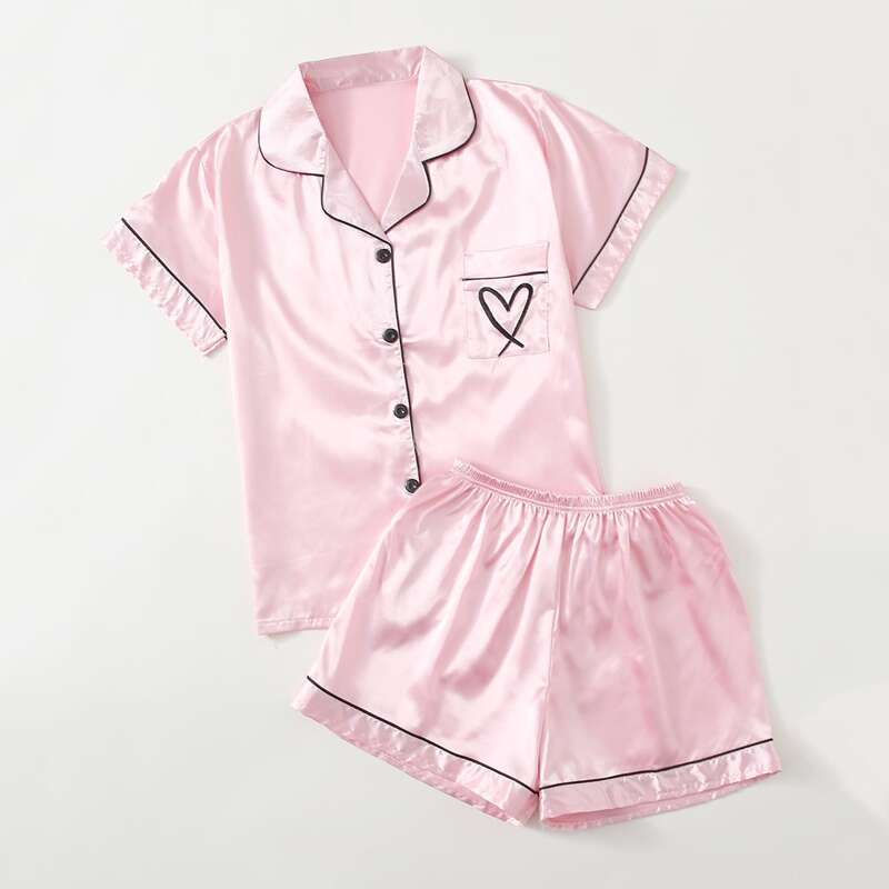 

Contrast Binding Heart Satin PJ Set, Baby pink