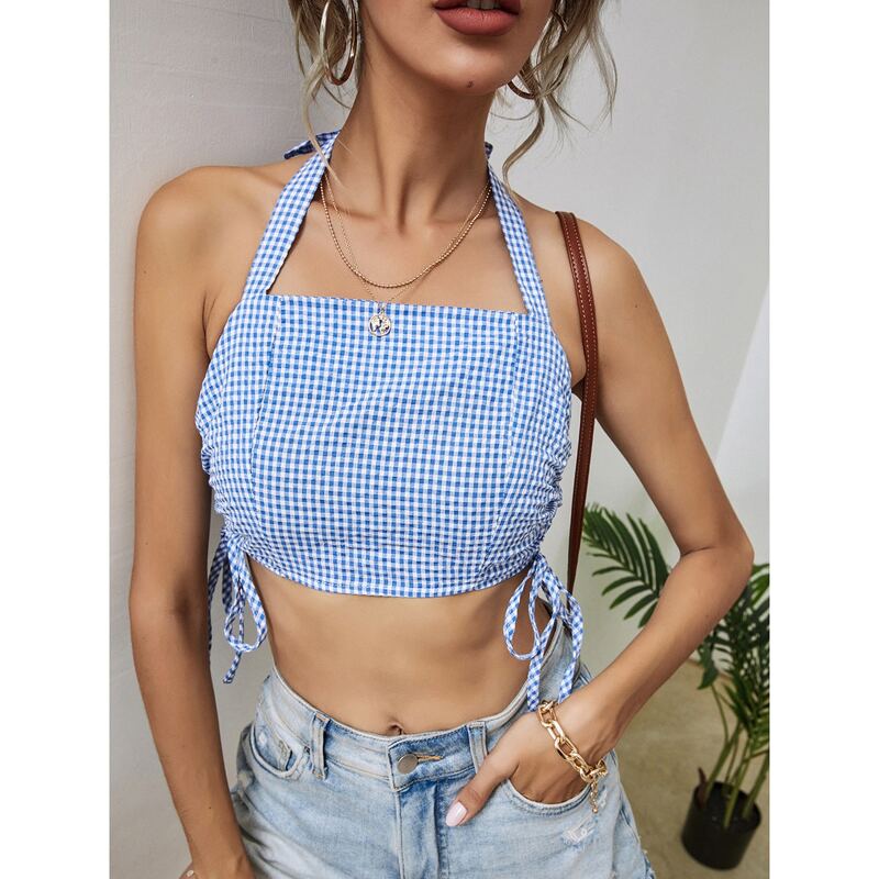 

Gingham Print Drawstring Side Crop Halter Top, Blue and white