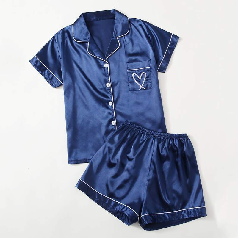 

Contrast Binding Heart Satin PJ Set, Navy blue