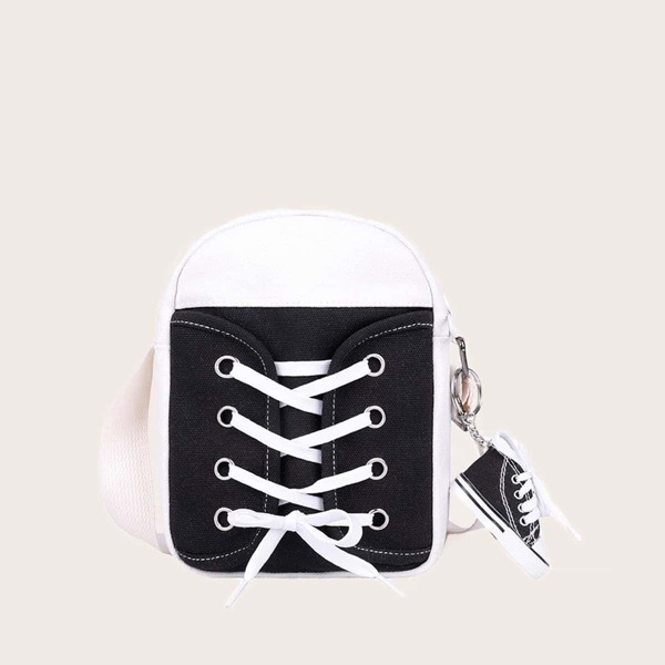 

Kids Shoes Charm Lace-up Decor Crossbody Bag, Black and white