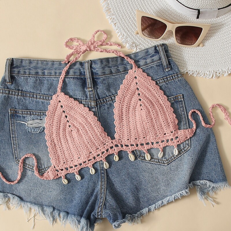 

Shell Decor Crochet Bikini Top, Dusty pink