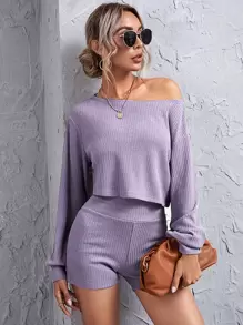 SHEIN Essnce 落肩羅紋針織短版上衣和寬腰帶短褲套裝 - 紫丁香色 - 查看 1